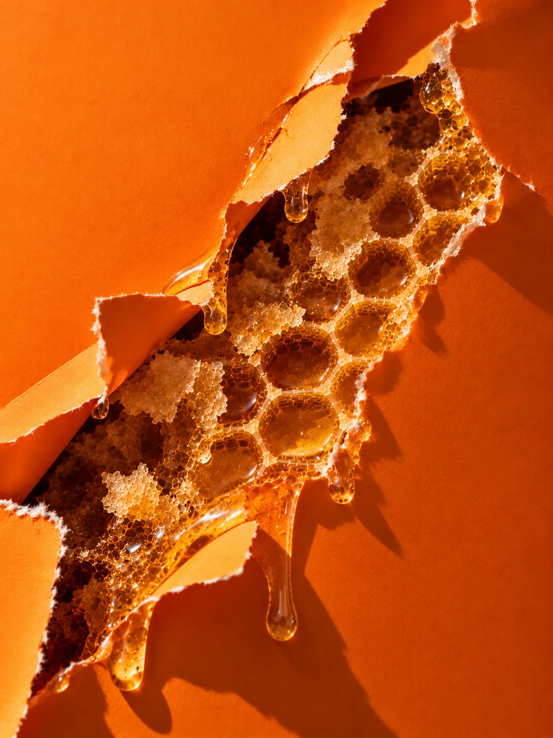 Panal de miel asomando entre papel naranja rasgado
