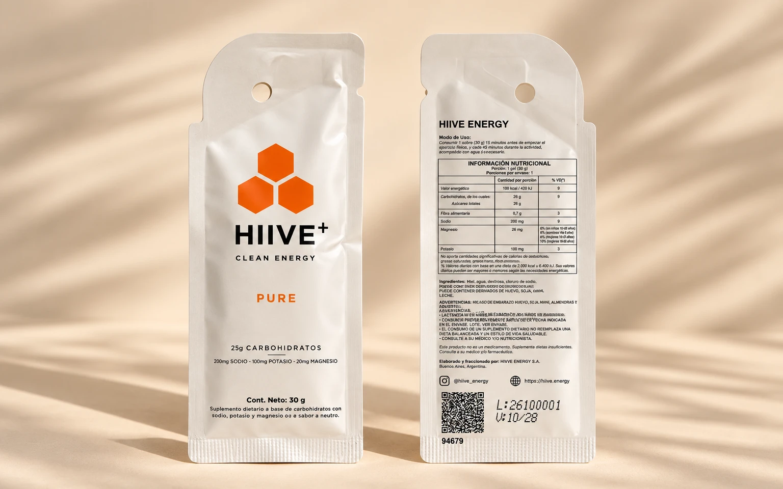 Frente y dorso del gel HIIVE PURE: logo, 25 g de carbohidratos, información nutricional e ingredientes